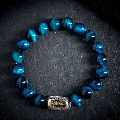 Buddhist Blessing Natural Blue Tiger Eye Om Mani Padme Hum Strength Bracelet