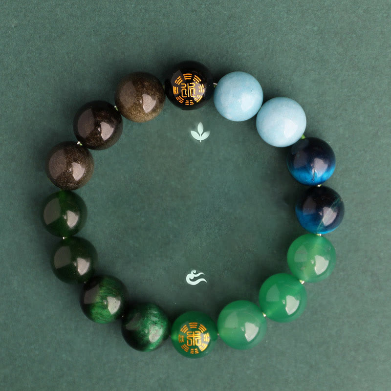 Buddhist Blessing Five Elements Various Agate Crystal Black Onyx Green Chalcedony Aquamarine Wisdom Bracelet