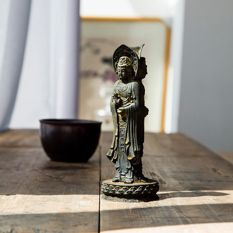 Buddhist Blessing Three-sided Kwan Yin Avalokitesvara Iron Powder Rust Cast Resin Statue Wealth Desk Decoration