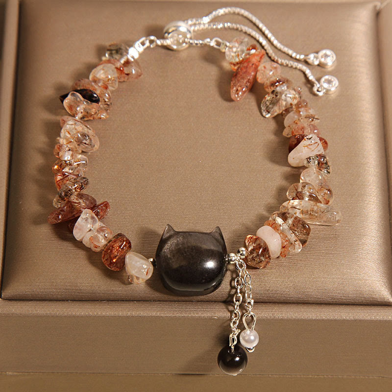 Buddhist Blessing Natural Pink Crystal Agate Gravel Stone Cat Head Soothing Bracelet