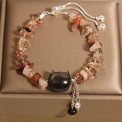 Buddhist Blessing Natural Pink Crystal Agate Gravel Stone Cat Head Soothing Bracelet