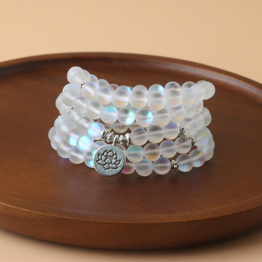 Buddhist Blessing 108 Mala Beads Glitter Stone Lotus Enlightenment Bracelet