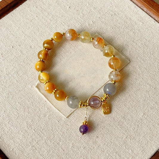 Buddhist Blessing Natural Citrine Tiger Eye Fu Character Prosperity Bracelet
