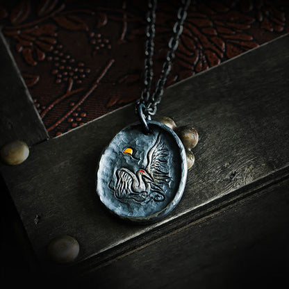 Buddhist Blessing 999 Sterling Silver 24k Gold Crane Auspicious Clouds Balance Necklace Pendant