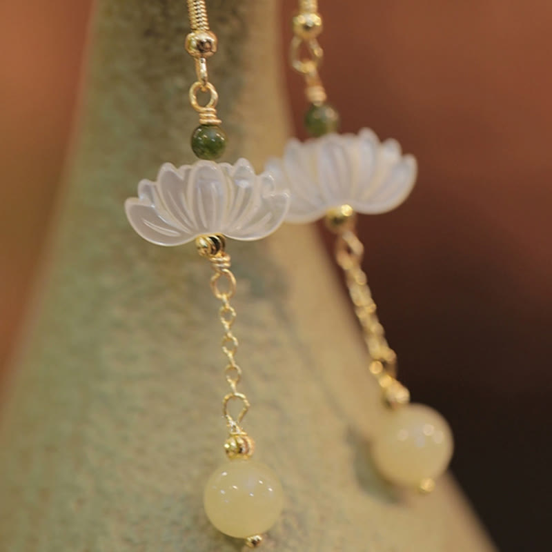 Buddhist Blessing Hetian Jade Lotus Prosperity Earrings