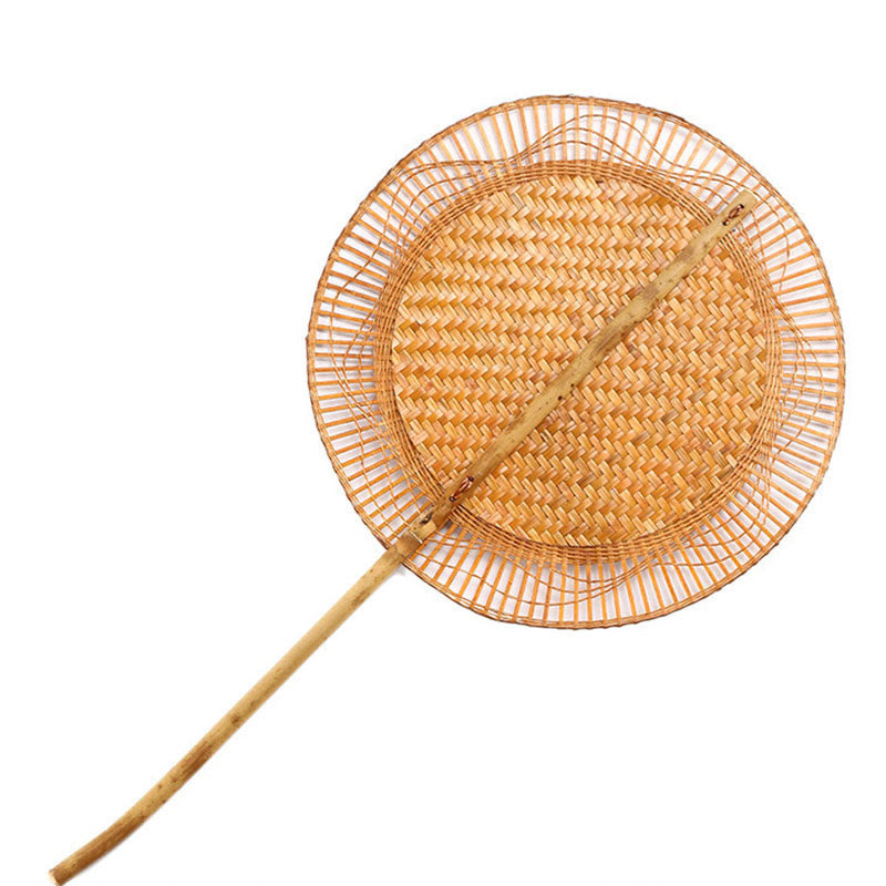 Buddhist Blessing Summer Retro Chinese Style Handmade Bamboo Woven Round Banana Shape Long Handle Fan