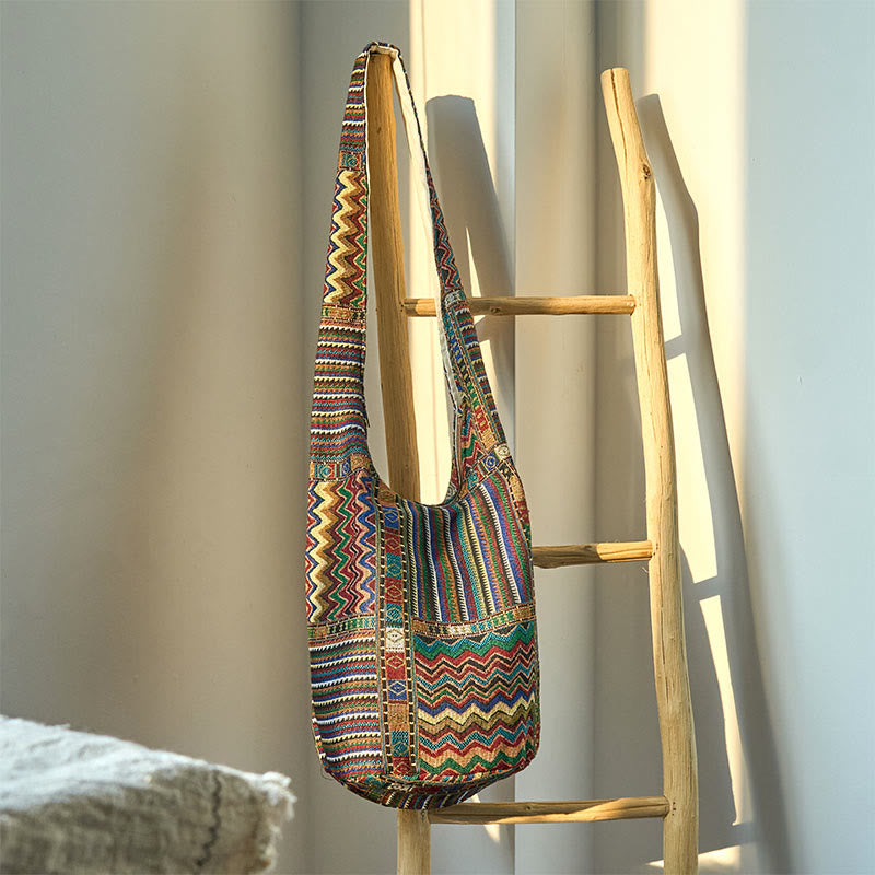 Buddhist Blessing Green Brown Waves Pattern Cotton Crossbody Bag Shoulder Bag