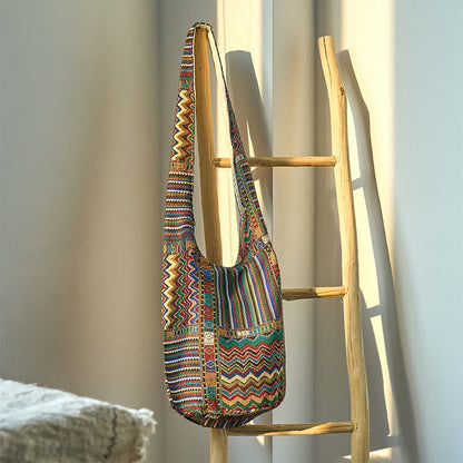 Buddhist Blessing Green Brown Waves Pattern Cotton Crossbody Bag Shoulder Bag