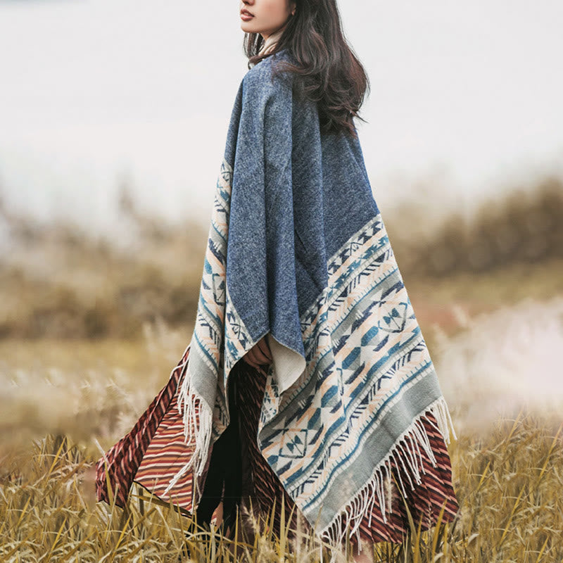 Buddhist Blessing Tibetan Geometric Rhombus Pattern Tassels Shawl Fall Winter Warm Cozy Scarf Wrap