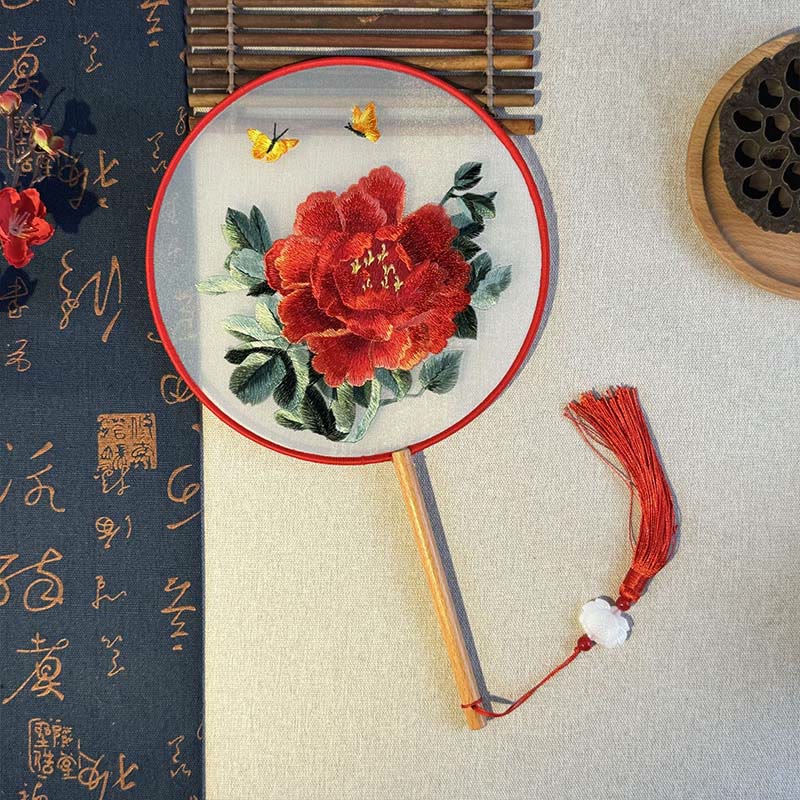 Buddhist Blessing Peony Flowers Butterfly Embroidered Handheld Wood Handle Fan