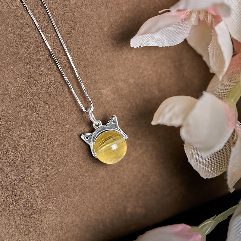 Buddhist Blessing 925 Sterling Silver Natural Golden Lepidolite Cat Prosperity Necklace Pendant