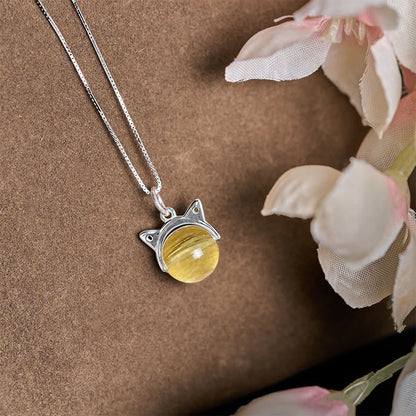 Buddhist Blessing 925 Sterling Silver Natural Golden Lepidolite Cat Prosperity Necklace Pendant
