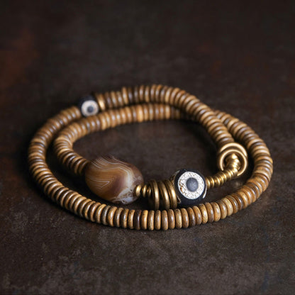 Buddhist Blessing Ebony Wood Green Sandalwood Copper Brass Dzi Bead Black Onyx Calm Double Wrap Bracelet