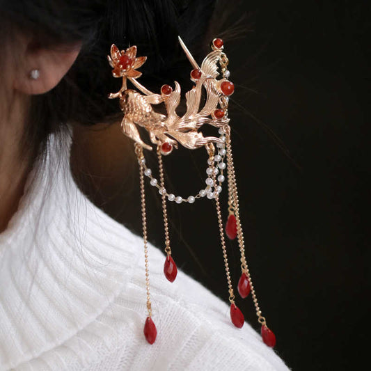 Buddhist Blessing Chinese Style Koi Fish Flower Tassel Red Agate Copper Gold Plated Hairpin Hair Comb