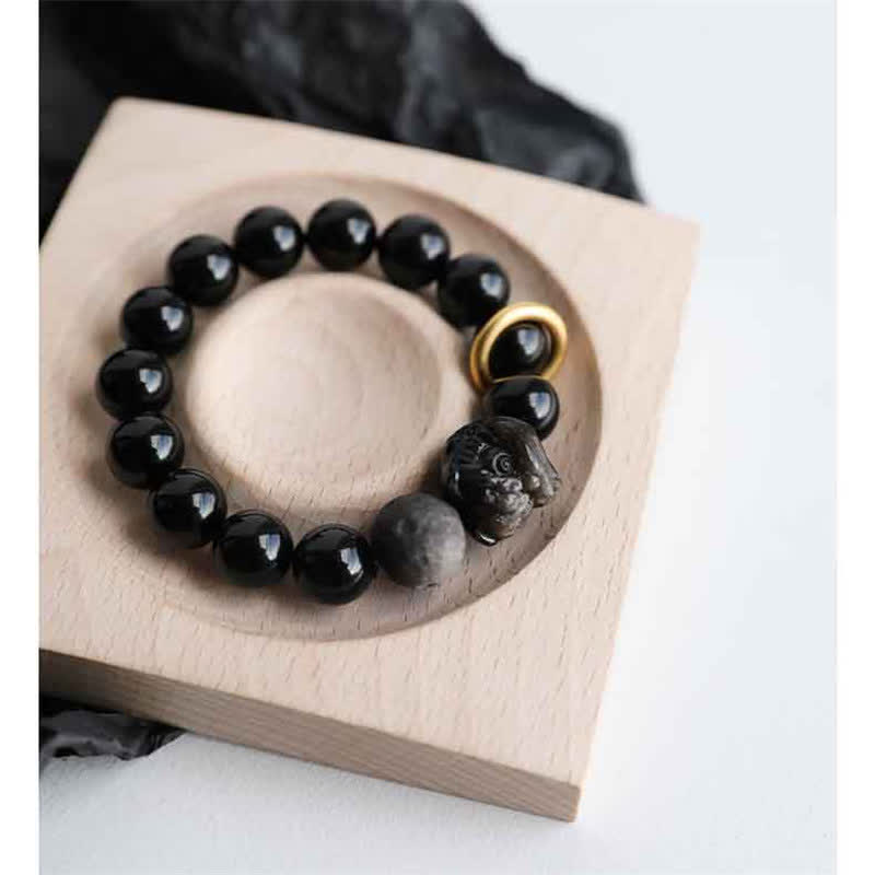 Buddhist Blessing Black Obsidian Silver Sheen Obsidian Lion Strength Bracelet
