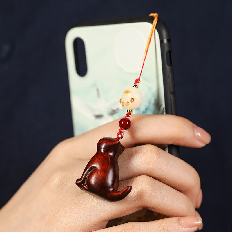 Buddhist Blessing Small Leaf Red Sandalwood Green Sandalwood Sandalwood Sitting Cat Sooth Phone Hanging Decoration