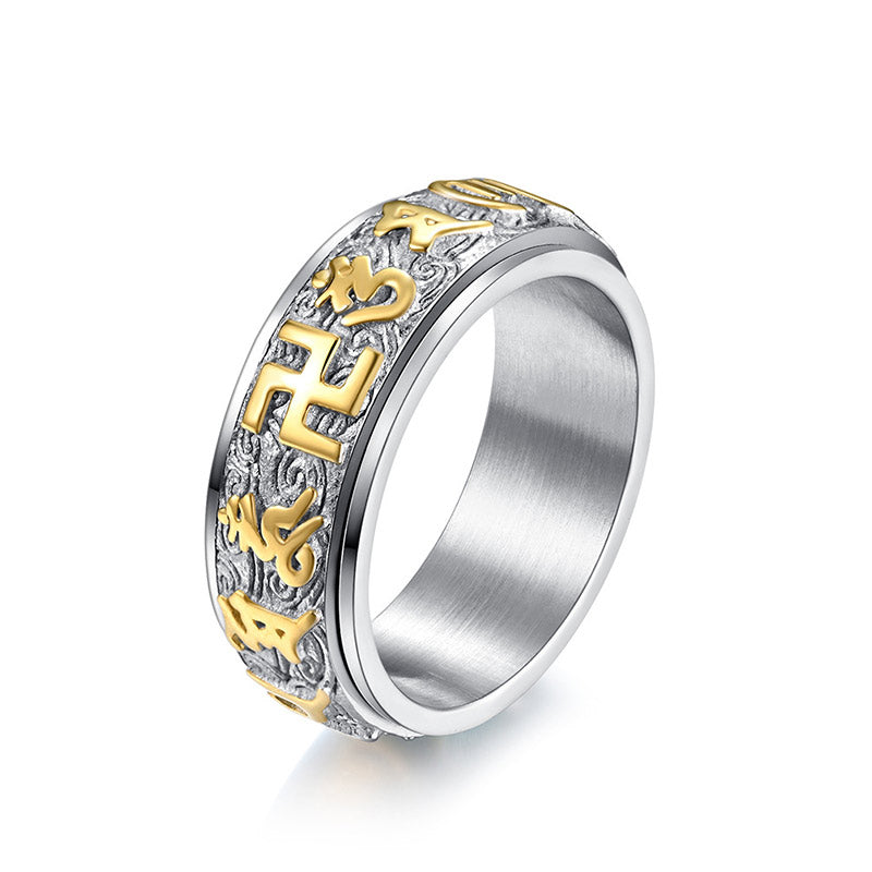 Buddhist Blessing Six True Words Balance Calm Titanium Steel Ring (Extra 30% Off | USE CODE: FS30)