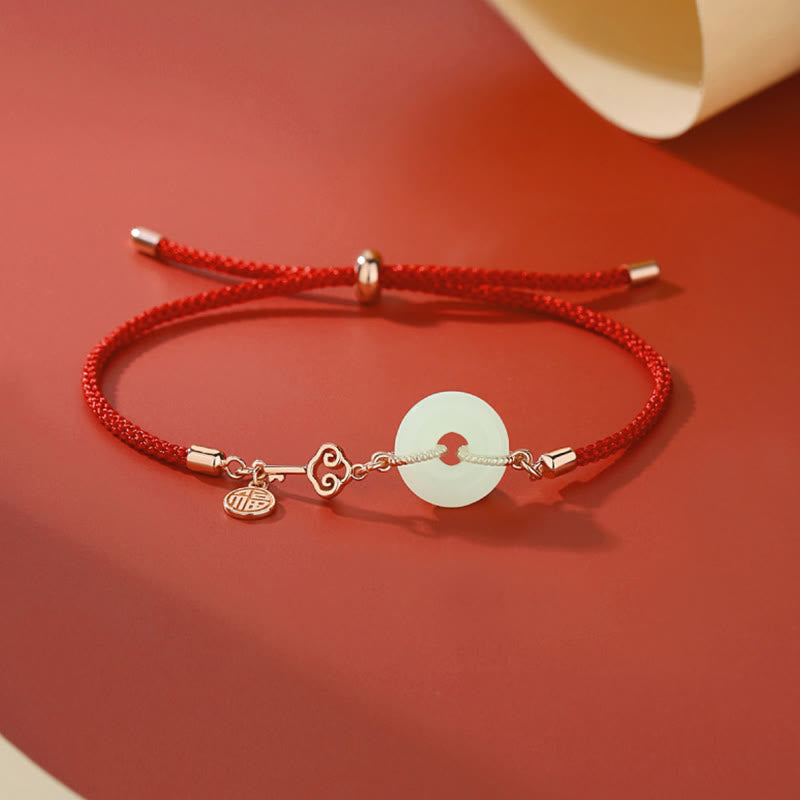 Buddhist Blessing Natural Hetian Jade Peace Buckle 925 Sterling Silver Red String Fu Character Protection Luck Bracelet