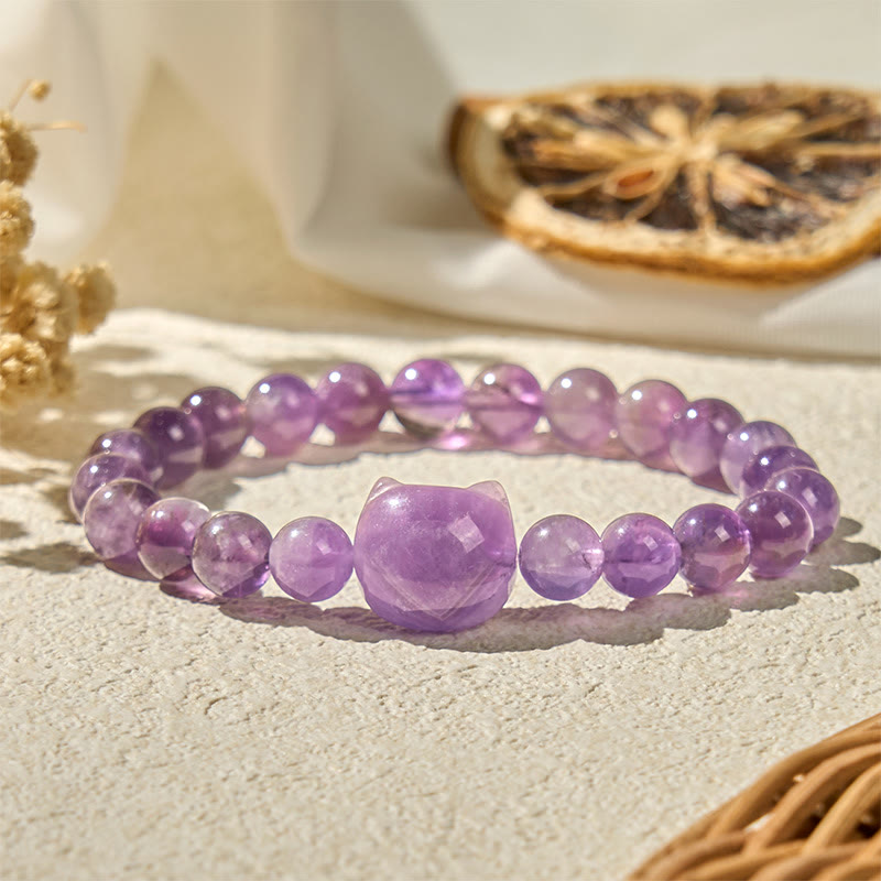 Buddhist Blessing Cute Cat Face Amethyst Spiritual Awareness Bracelet