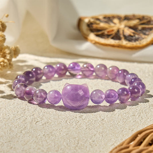 Buddhist Blessing Cute Cat Face Amethyst Spiritual Awareness Bracelet