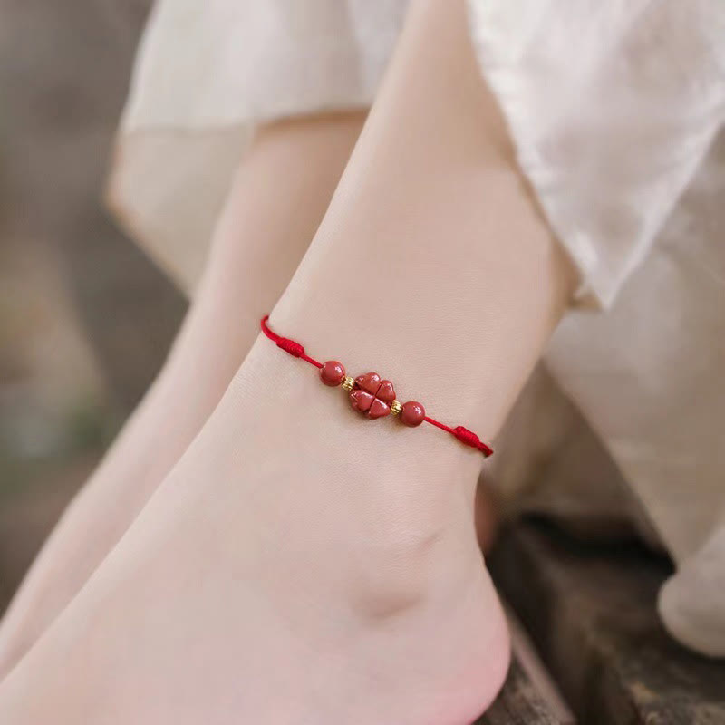 Buddhist Blessing Cinnabar Four Leaf Clover Blessing String Rope Anklet