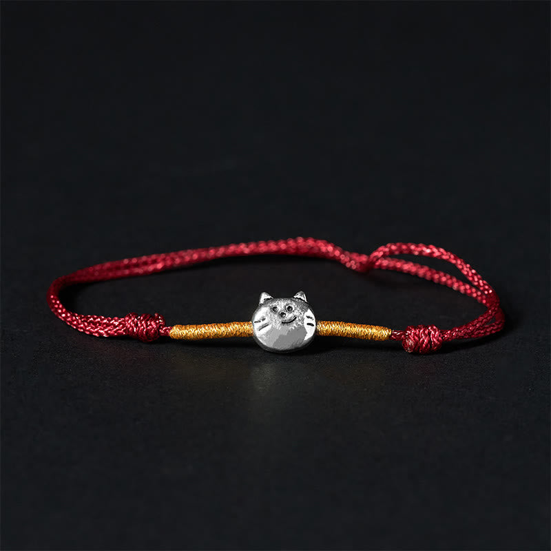 Buddhist Blessing 925 Sterling Silver Cute Cat Red String Braided Bracelet