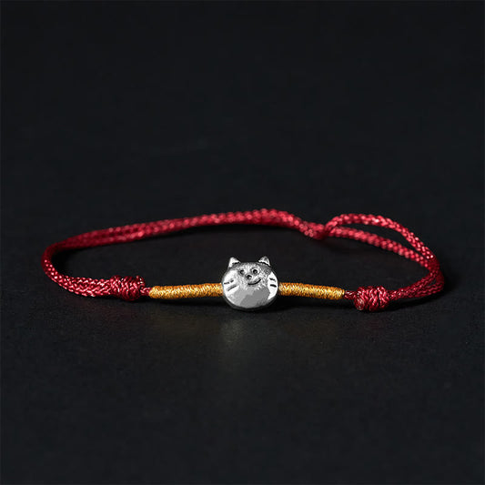 Buddhist Blessing 925 Sterling Silver Cute Cat Red String Braided Bracelet