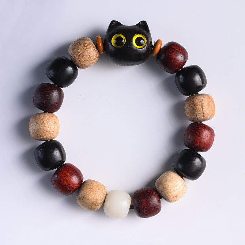 Buddhist Blessing Small Leaf Red Sandalwood Ebony Wood Cute Cat Engraved Protection Bracelet