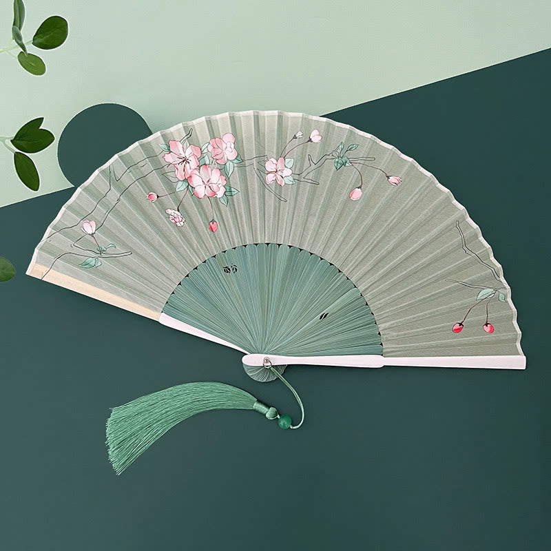Buddhist Blessing Orchid Begonia Flower Handheld Cotton Linen Fabric Bamboo Folding Fan