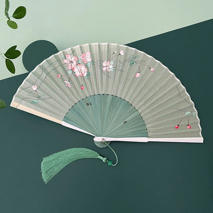 Buddhist Blessing Orchid Begonia Flower Handheld Cotton Linen Fabric Bamboo Folding Fan