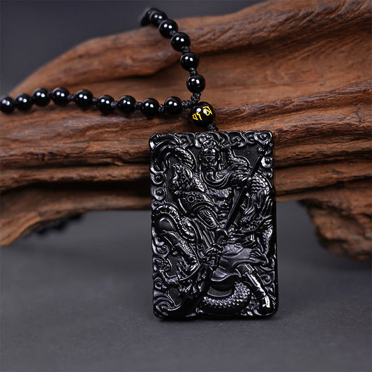 Buddhist Blessing Black Obsidian Guan Gong Amulet Engraved Strength Necklace Pendant