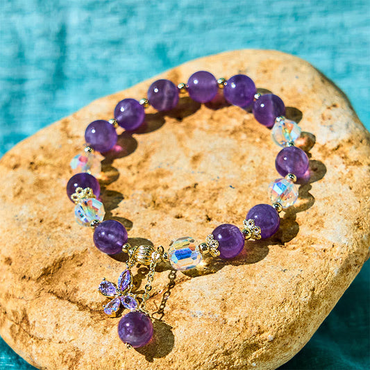 Buddhist Blessing Natural Amethyst Crystal Spiritual Butterfly Charm Bracelet