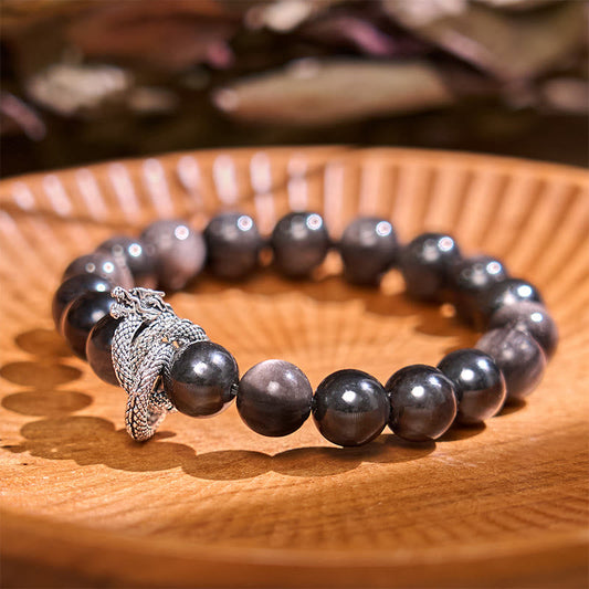 Buddhist Blessing Silver Sheen Obsidian Dragon Protection Bracelet
