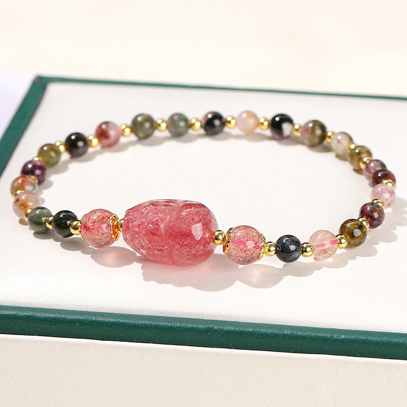 Buddhist Blessing Moonstone Strawberry Quartz Tourmaline PiXiu Healing Bracelet