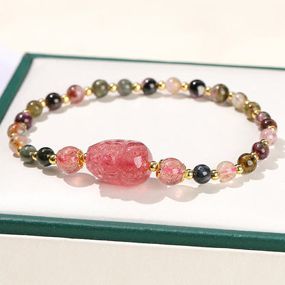 Buddhist Blessing Moonstone Strawberry Quartz Tourmaline PiXiu Healing Bracelet