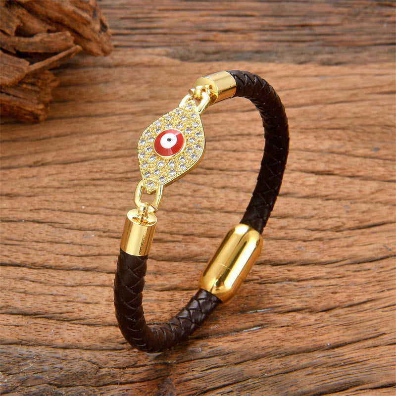 Buddhist Blessing Evil Eye Protection Leather Metal Buckle Bracelet