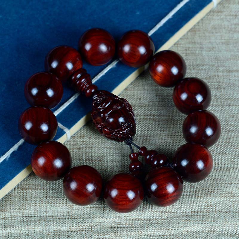 Buddhist Blessing Small Leaf Red Sandalwood Laughing Buddha God of Wealth Protection Bracelet