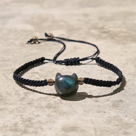 Buddhist Blessing Natural Labradorite Cute Cat Head Black Rope Healing Bracelet
