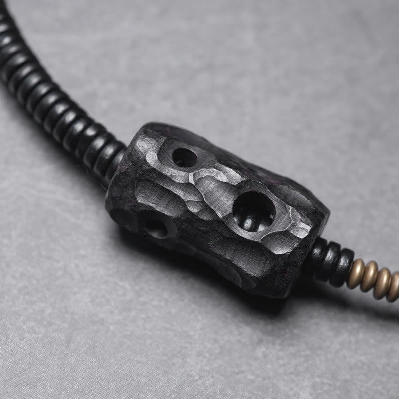 Buddhist Blessing Ebony Wood Copper Brass Red Agate Peace Double Wrap Bracelet