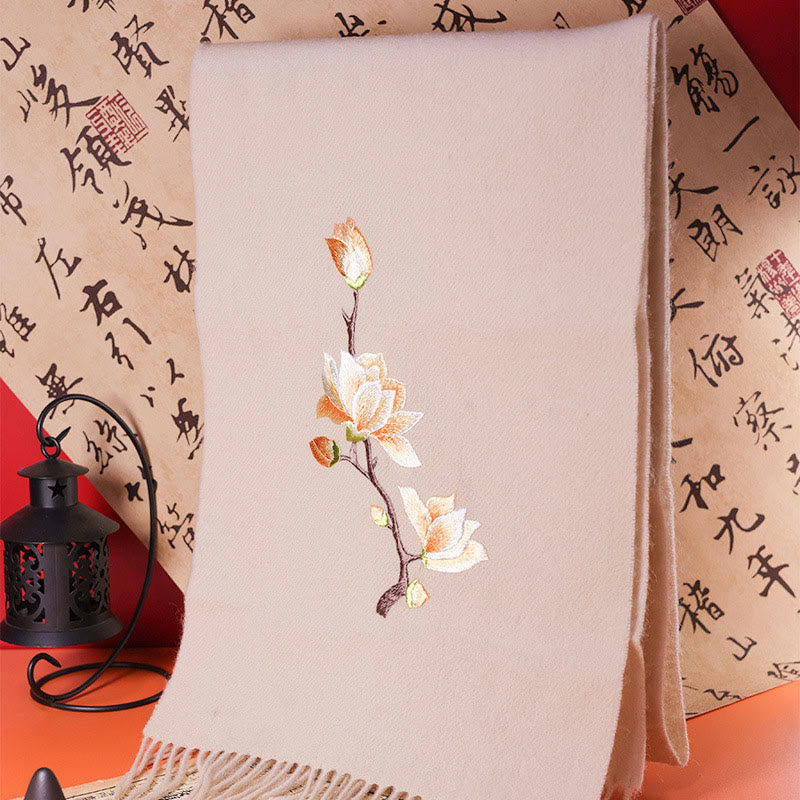 Buddhist Blessing Wool Shawl Yulan Magnolia Embroidery Tassel Winter Cozy Travel Scarf Wrap