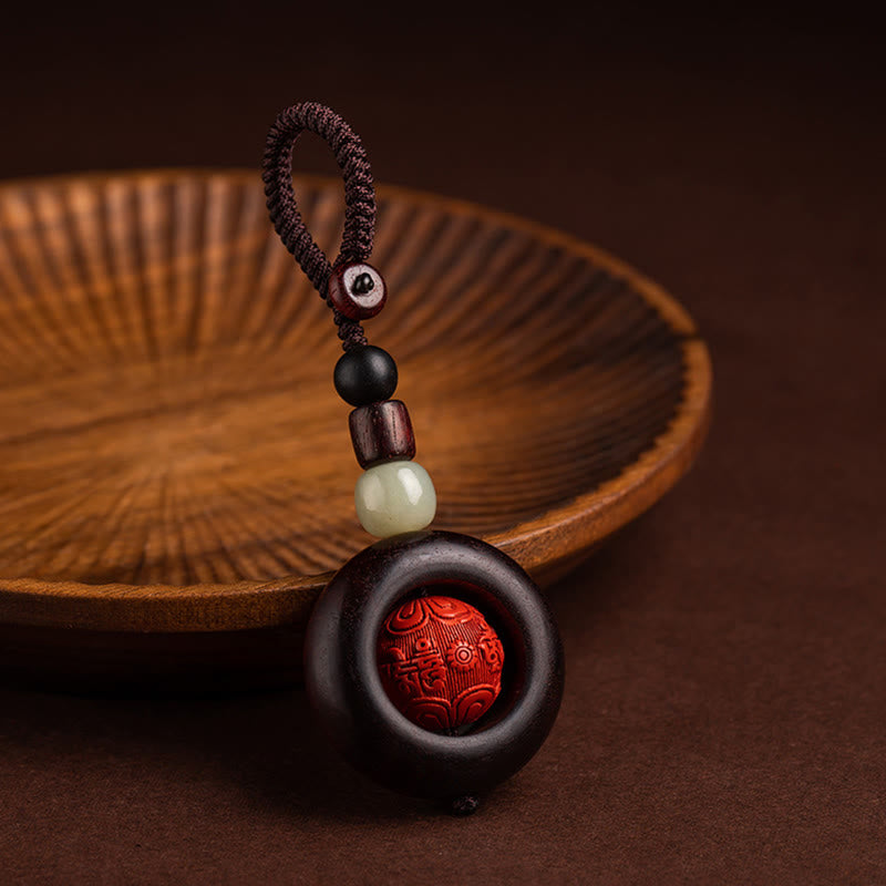 Buddhist Blessing Tibet Om Mani Padme Hum PiXiu Copper Coin Small Leaf Red Sandalwood Cinnabar Protection Key Chain