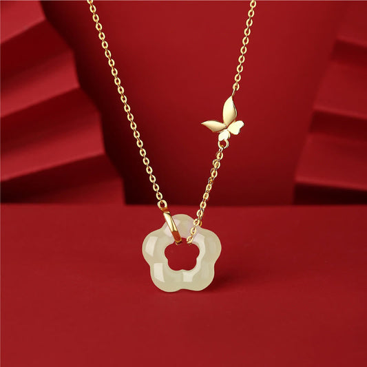 Buddhist Blessing 925 Sterling Silver Butterfly Hetian Jade Flower Blessing Necklace Pendant