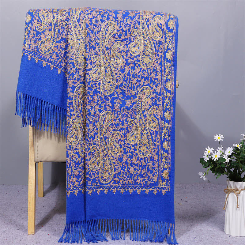 Buddhist Blessing Rayon Fabric Shawl Golden Cashew Flowers Embroidery Tassel Winter Cozy Travel Scarf Wrap