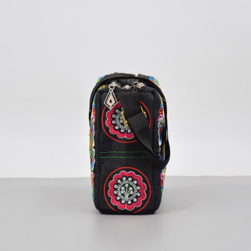 Buddhist Blessing Galsang Inula Flower Peony Peacock Double-Sided Embroidery Canvas Shopping Purse Handbag Crossbody Bag