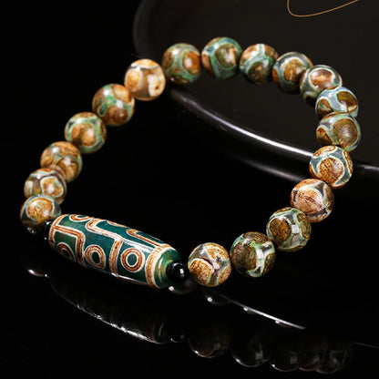 Buddhist Blessing Tibetan Nine-eye Dzi Bead Natural Sandalwood White Cat's Eye Agate Power Protection Bracelet