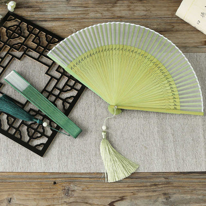 Buddhist Blessing Solid Color Dragonfly Tassel Handheld Mulberry Silk Bamboo Folding Fan