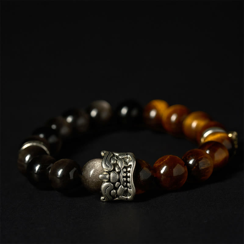 Buddhist Blessing Tiger Eye Silver Sheen Obsidian Om Mani Padme Hum Horse PiXiu Beast Courage Bracelet