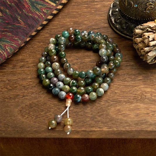 Buddhist Blessing 108 Mala Beads Natural Stone Moss Agate Multi-turn Healing Bracelet