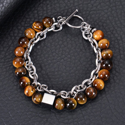 Buddhist Blessing Colorful Tiger Eye Frosted Stone Black Magnetite Titanium Steel Double Wrap Protection Bracelet