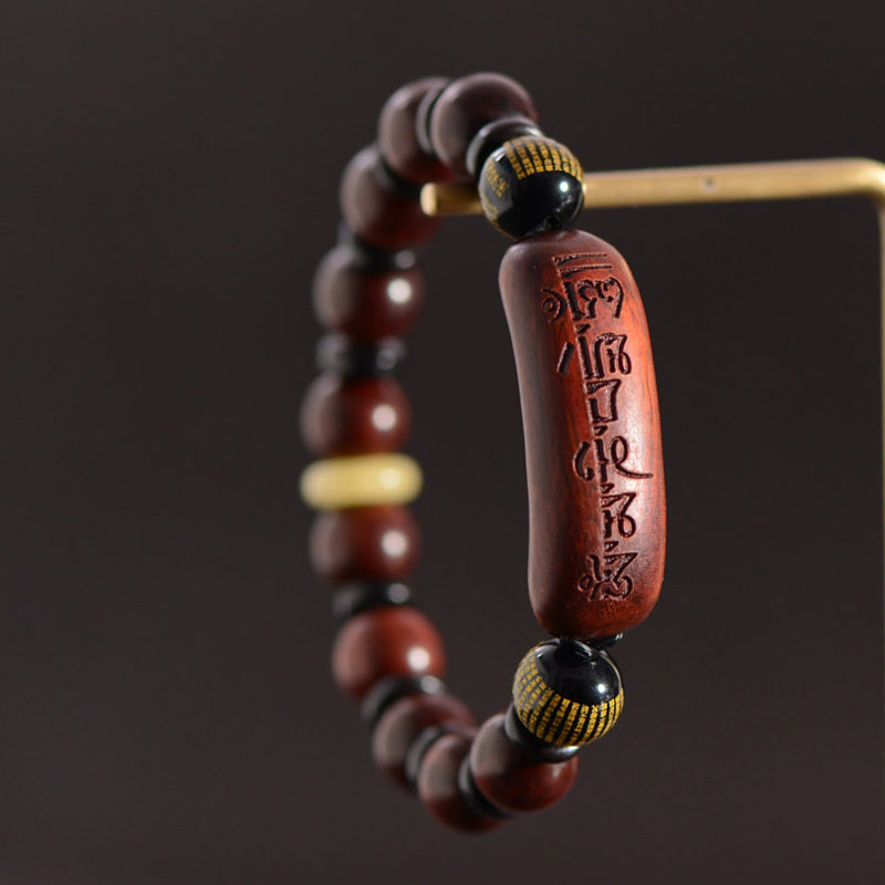 Buddhist Blessing Small Leaf Red Sandalwood Om Mani Padme Hum Engraved Protection Bracelet